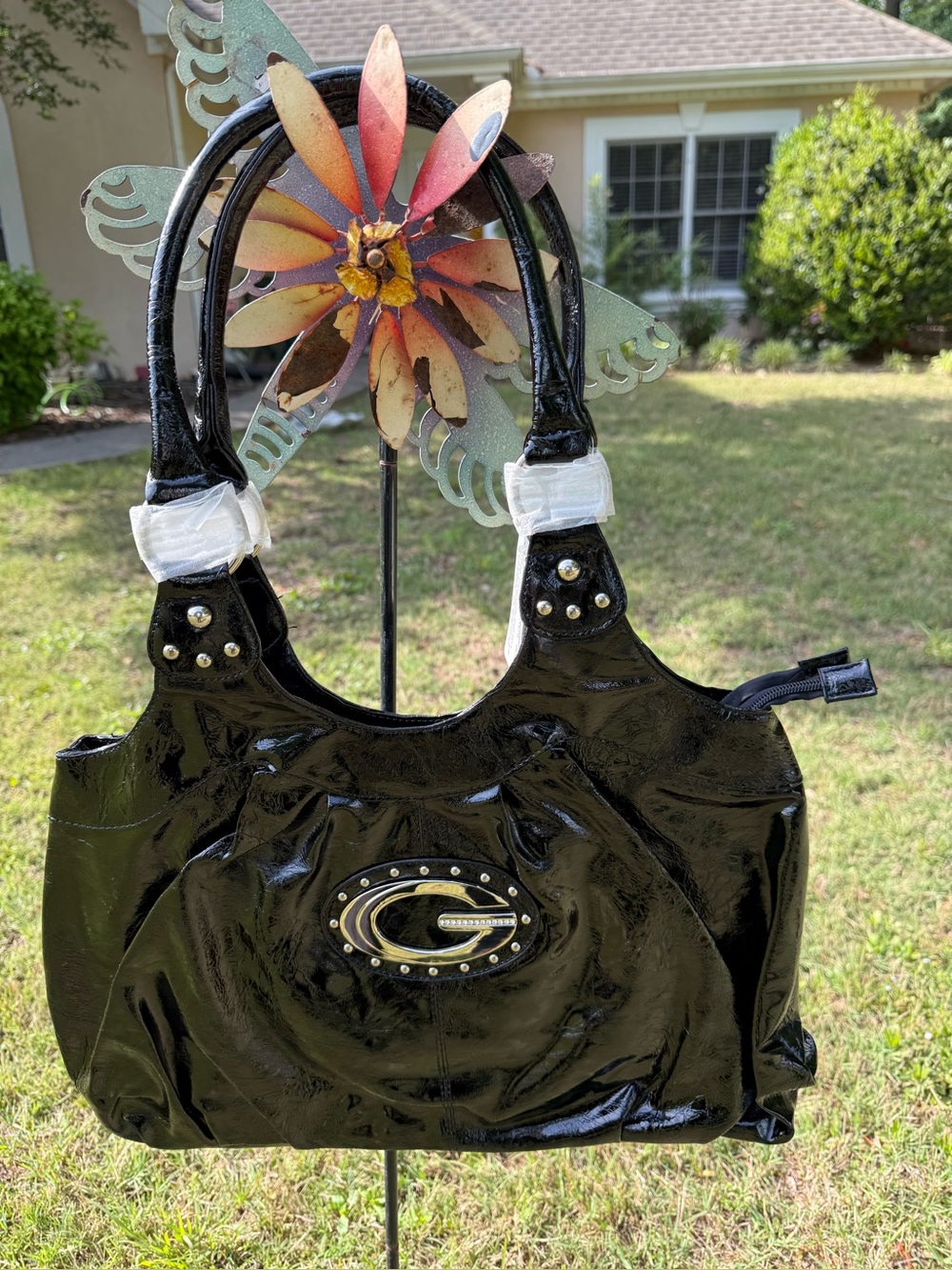 Glossy Black Patent Tote Bag with Stud Accent - Unbranded